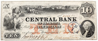 An obsolete ten dollar banknote from the Central Bank of Alabama issued from Montgomery in 1855 in very fine plus condition
