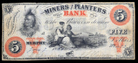 An Obsolete North Carolina Civil War five dollar banknote issued by the Miners and Planters Bank in Murphy, North Carolina on June 7, 1862 for sale by Brandywine General Store fine condition