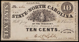 An Obsolete North Carolina Civil War ten cents small size treasury note issued Sept 1, 1862 from Raleigh NC for sale by Brandywine General Store in very fine condition