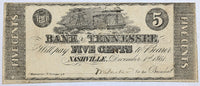 An obsolete five cents banknote from the Bank of Tennessee in Nashville issued December 1st 1861 for sale by Brandywine General Store in fine condition