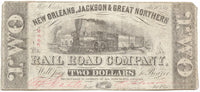 An obsolete Civil War train note issued by the New Orleans, Jackson and Great Northern Railroad in 1861 from New Orleans for sale by Brandywine General Store in F/VF condition