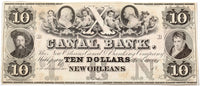 An obsolete ten dollar banknote from the New Orleans Canal Banking company with Franklin and Washington for sale by Brandywine General Store in choice AU condition
