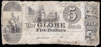 An obsolete five dollar banknote issued by The Globe Bank in New York city in 1840 in very good condition
