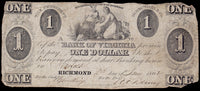 An obsolete one dollar banknote issued by the Bank of Virginia at the Norfolk branch during the Civil War in 1862 in very good condition