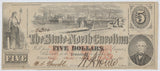 An Obsolete North Carolina Civil War five dollar treasury note issued 1863 from Raleigh NC for sale by Brandywine General Store in almost uncirculated condition