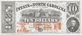 An Obsolete North Carolina Civil War ten dollar treasury note issued 1863 from Raleigh NC for sale by Brandywine General Store in almost uncirculated condition