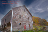 An art print of an Old Barn with Red Door in Eerie Mist