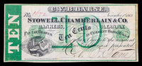 An obsolete ten cent scrip note issued by Stowe, Chamberlain and Co Bankers in Olean Nyew York dated November 1st, 1861 for sale by Brandywine General Store in crisp very fine condition