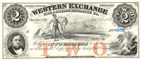 Two Dollar obsolete currency issued by the Bishop Hill Colony in the Nebraska Territory at Omaha City in 1857 for sale by Brandywine General Store in choice uncirculated condition