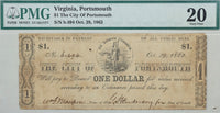 One Dollar obsolete money from the city of Portsmouth issued during the Civil War on October 29, 1862 and certified by PMG at Very Fine 20 for sale by Brandywine General Store