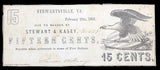 A fifteen cents obsolete currency scrip issued from the business of Stewart and Kasey in Stewartsville VA on February 15, 1862 for sale by Brandywine General Store fine condition