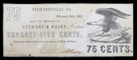A seventy five cents obsolete currency scrip issued from the business of Stewart and Kasey in Stewartsville VA on February 15, 1862 for sale by Brandywine General Store very fine condition