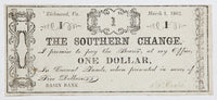 A one dollar The Southern Change obsolete private scrip issued March 1, 1862 from Richmond Virginia for sale by Brandywine General Store