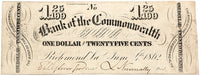A one dollar and quarter obsolete currency bill issued by the Bank of the Commonwealth in Richmond Virginia during the Civil War on June 04 1862 for sale by Brandywine General Store in VF condition