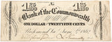 A one dollar and quarter obsolete currency bill issued by the Bank of the Commonwealth in Richmond Virginia during the Civil War on June 04 1862 for sale by Brandywine General Store in VF condition