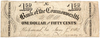 A one dollar and a half obsolete currency bill issued by the Bank of the Commonwealth in Richmond Virginia during the Civil War on June 04 1862 for sale by Brandywine General Store in fine condition