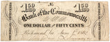 A one dollar and a half obsolete currency bill issued by the Bank of the Commonwealth in Richmond Virginia during the Civil War on June 04 1862 for sale by Brandywine General Store in fine condition