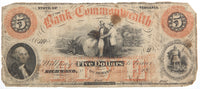 A five dollar Bank of the Commonwealth obsolete banknote issued around 1857 from Richmond Virginia for sale by Brandywine General Store