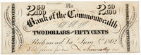 A two and half dollar obsolete currency bill issued by the Bank of the Commonwealth in Richmond Virginia during the Civil War on June 04 1862 for sale by Brandywine General Store in XF condition