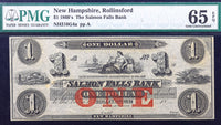 One dollar obsolete currency from the Salmon Falls Bank in Rollinsford New Hampshire certified by PMG at Gem Uncirculated 65 EPQ for sale by Brandywine General Store