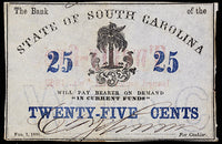 An obsolete 25 cents change note issued by The Bank of the State of South Carolina during the Civil War on Feb 1, 1863 on watermarked paper in very fine condition