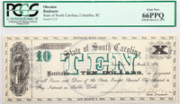 An obsolete ten dollar Revenue Bond Scrip issued in 1872 for the Blue Ridge Railroad Company from Columbia South Carolina for sale by Brandywine General Store graded PCGS 66 Gem New EPQ
