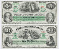 An obsolete five and ten dollar South Carolina revenue bonds issued in 1872 and both bills have a fancy serial number of 333 for sale by Brandywine General Store in choice au condition