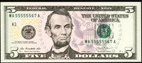A Fr #1996-A Series of 2013 five dollar FRN with a six of a kind fancy serial number of 55555567 for sale by Brandywine General Store grading choice uncirculated