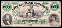 An obsolete five dollar Citizen's Bank of Louisiana banknote dated August 1860 for sale by Brandywine General Store in almost uncirculated condition