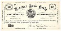 An obsolete hundred dollar Revenue Bond Scrip issued in 1872 issued by the state of South Carolina from Columbia in choice extra fine condition