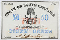 An obsolete fifty cents currency issued by the Bank of the State of South Carolina during the Civil War in 1863 for sale by Brandywine General Store in uncirculated condition
