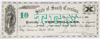 An obsolete ten dollar Revenue Bond Scrip issued in 1872 for the Blue Ridge Railroad Company from Columbia South Carolina for sale by Brandywine General Store in AU condition