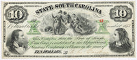 An obsolete ten dollar South Carolina revenue bond currency issued in 1873 for sale by Brandywine General Store in choice AU condition