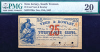 A twenty five cents obsolete scrip note for Veer and Rowley of South Trenton NJ dated Nov 15th, 1862 and certified by PMG at 20 Very Fine for sale by Brandywine General Store certified PMG 20 VF