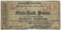 An obsolete civil war fifty cents note from the Western Railroad Corporation in Springfield Massachusetts dated 1862 for sale by Brandywine General Store
