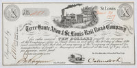 Obsolete ten dollar currency issued by the Terre Haute, Alton and St. Louis Railroad from St. Louis Missouri in 1859 for sale by Brandywine General Store in uncirculated condition