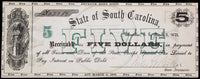 An obsolete five dollar Revenue Bond Scrip issued in 1872 for the Blue Ridge Railroad Company from Columbia South Carolina for sale by Brandywine General Store in AU condition