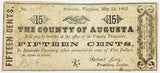 Obsolete currency issued by the County of Augusta from Staunton Virginia in the amount of fifteen cents on May 25, 1862 for sale by Brandywine General Store in very good condition