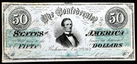 A T-50 Jefferson Davis fifty dollar obsolete civil war treasury bill issued by the southern Central Government in 1862 for sale by Brandywine General Store extra fine condition