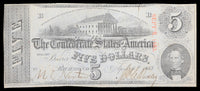A T-60 obsolete southern five dollar civil war treasury bill issued from Richmond VA in 1863 for sale by Brandywine General Store in au condition