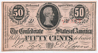 A T-63 Fifty Cents PF-04 obsolete bill issued by the Southern Central Government during the Civil War in 1863 for sale by Brandywine General Store in choice AU condition with pinholes