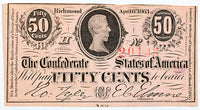A T-63 Fifty Cents PF-03 obsolete bill issued by the Southern Central Government during the Civil War in 1863 for sale by Brandywine General Store in AU condition