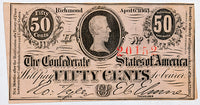 A T-63 Fifty Cents PF-02 obsolete bill issued by the Southern Central Government during the Civil War in 1863 for sale by Brandywine General Store in extra fine condition