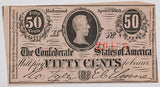 A T-63 Fifty Cents PF-02 obsolete bill issued by the Southern Central Government during the Civil War in 1863 for sale by Brandywine General Store in extra fine condition