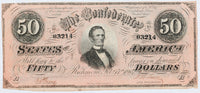 A T-66 obsolete fifty dollar treasury bill with the In Memorium poem issued by the Southern Central Government in 1864 during the civil war for sale by Brandywine General Store