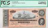 A T-67 obsolete twenty dollar treasury bill issued by the Southern Central Government in 1864 during the civil war for sale by Brandywine General Store PCGS 64 PPQ