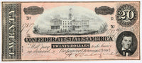 A T-67 obsolete twenty dollar treasury bill issued by the Southern Central Government in 1864 during the civil war for sale by Brandywine General Store in choice AU condition