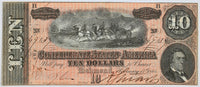 A T-68 obsolete ten dollar treasury bill issued by the Southern Central Government in 1864 during the civil war for sale by Brandywine General Store in AU condition with deep pink almost red tint