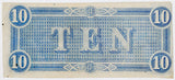 A T-68 obsolete ten dollar treasury bill issued by the Southern Central Government in 1864 during the civil war for sale by Brandywine General Store reverse of bill