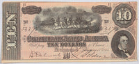 A T-68 obsolete ten dollar treasury bill issued by the Southern Central Government in 1864 during the civil war for sale by Brandywine General Store in AU condition with corner tips